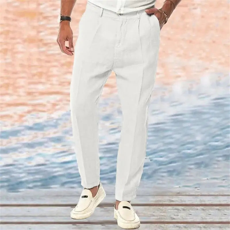 Linen Pants Straight Pure Color Comfort Outdoor Leisure  Pre2brand White-XXXL