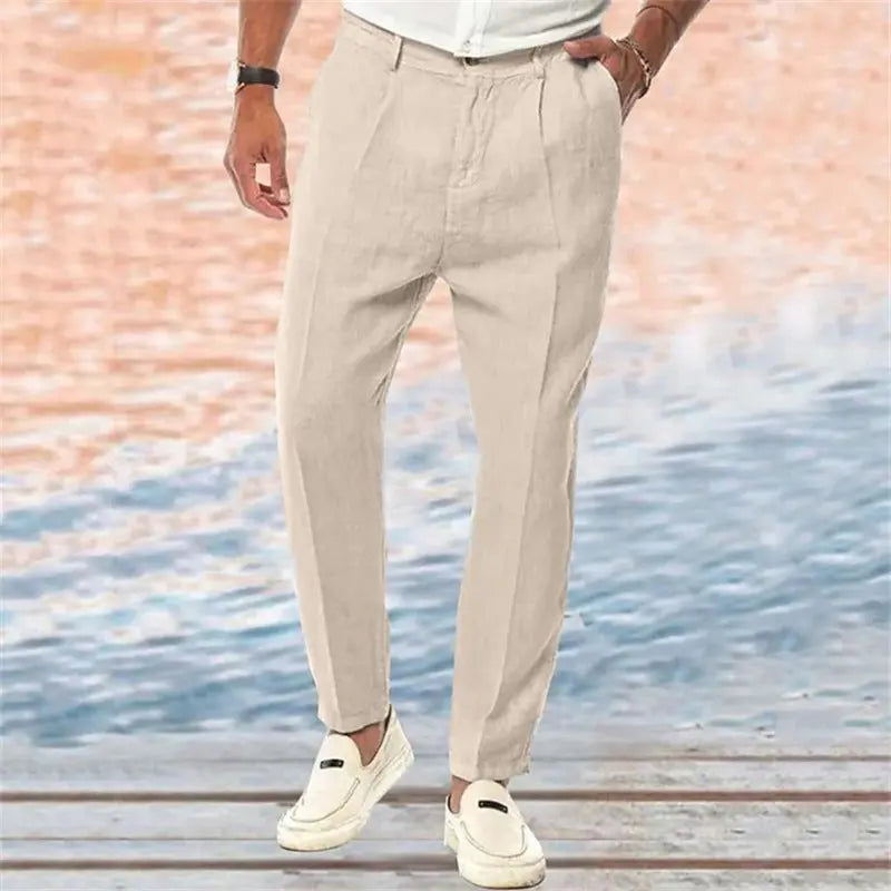 Linen Pants Straight Pure Color Comfort Outdoor Leisure  Pre2brand Khaki-XXXL