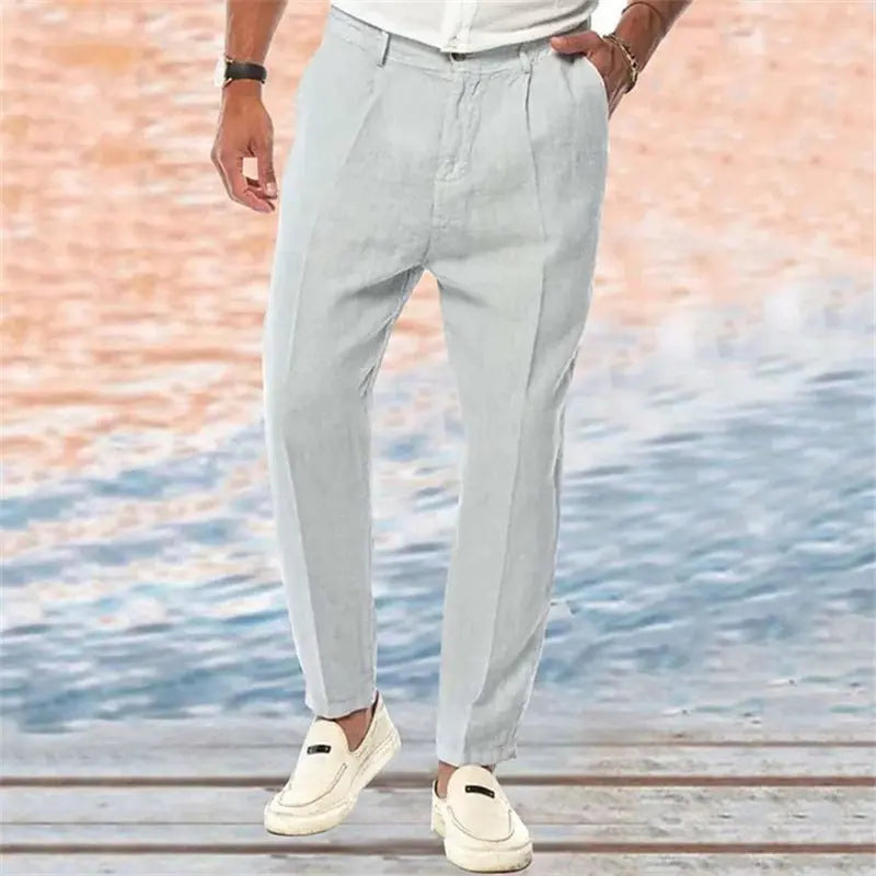 Linen Pants Straight Pure Color Comfort Outdoor Leisure  Pre2brand Light-Gray-XXXL