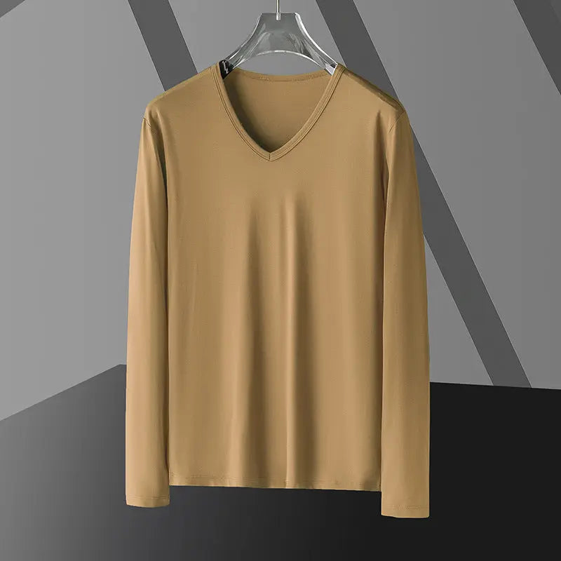 Long Sleeve Men's Fashion Wear Inner Bottoming Shirt Tight-fitting Solid Color Top  Pre2brand 907-Khaki-5XL