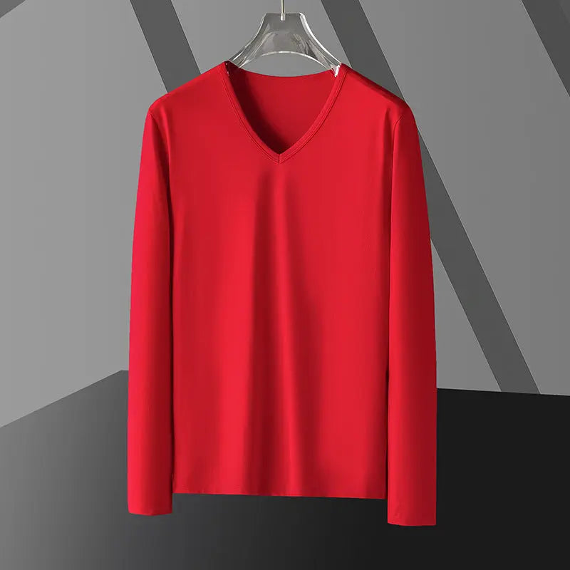 Long Sleeve Men's Fashion Wear Inner Bottoming Shirt Tight-fitting Solid Color Top  Pre2brand 907-Bright-Red-5XL
