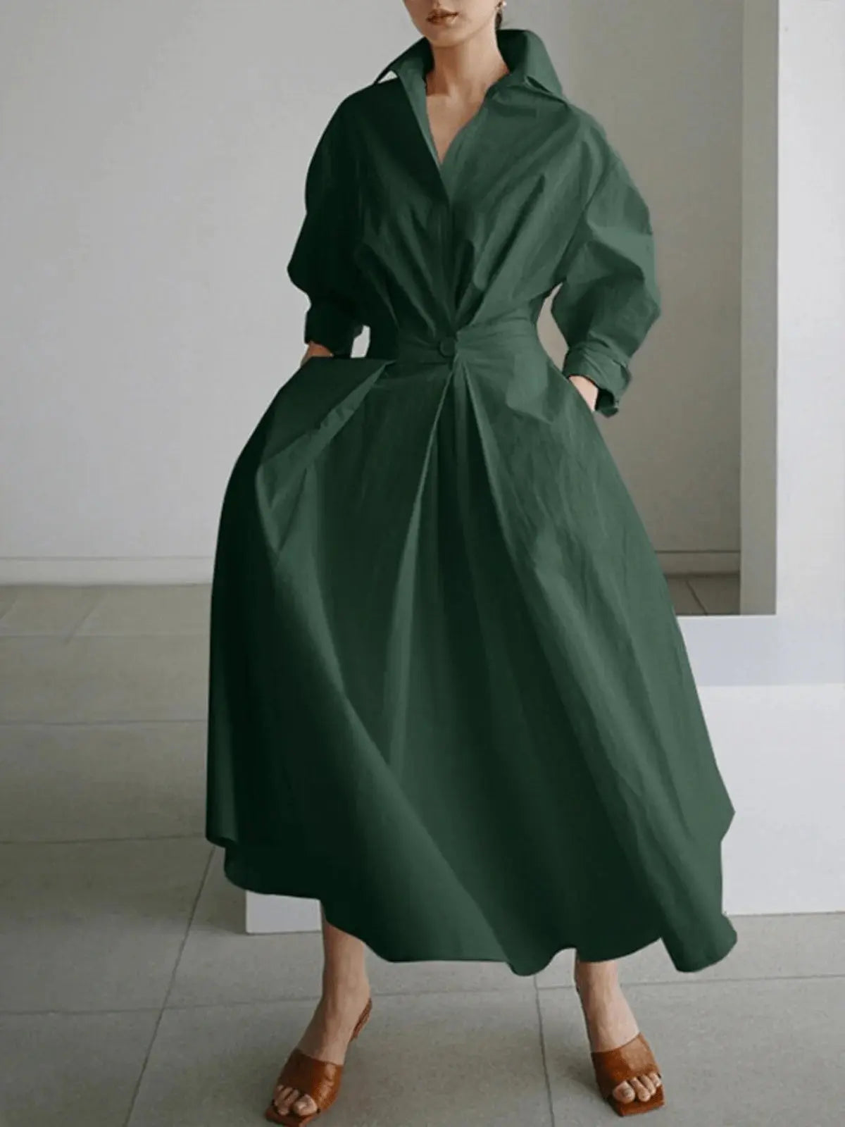 Long-sleeve Blouse Elastic Waist Swing Dress  Pre2brand Dark-green-5XL