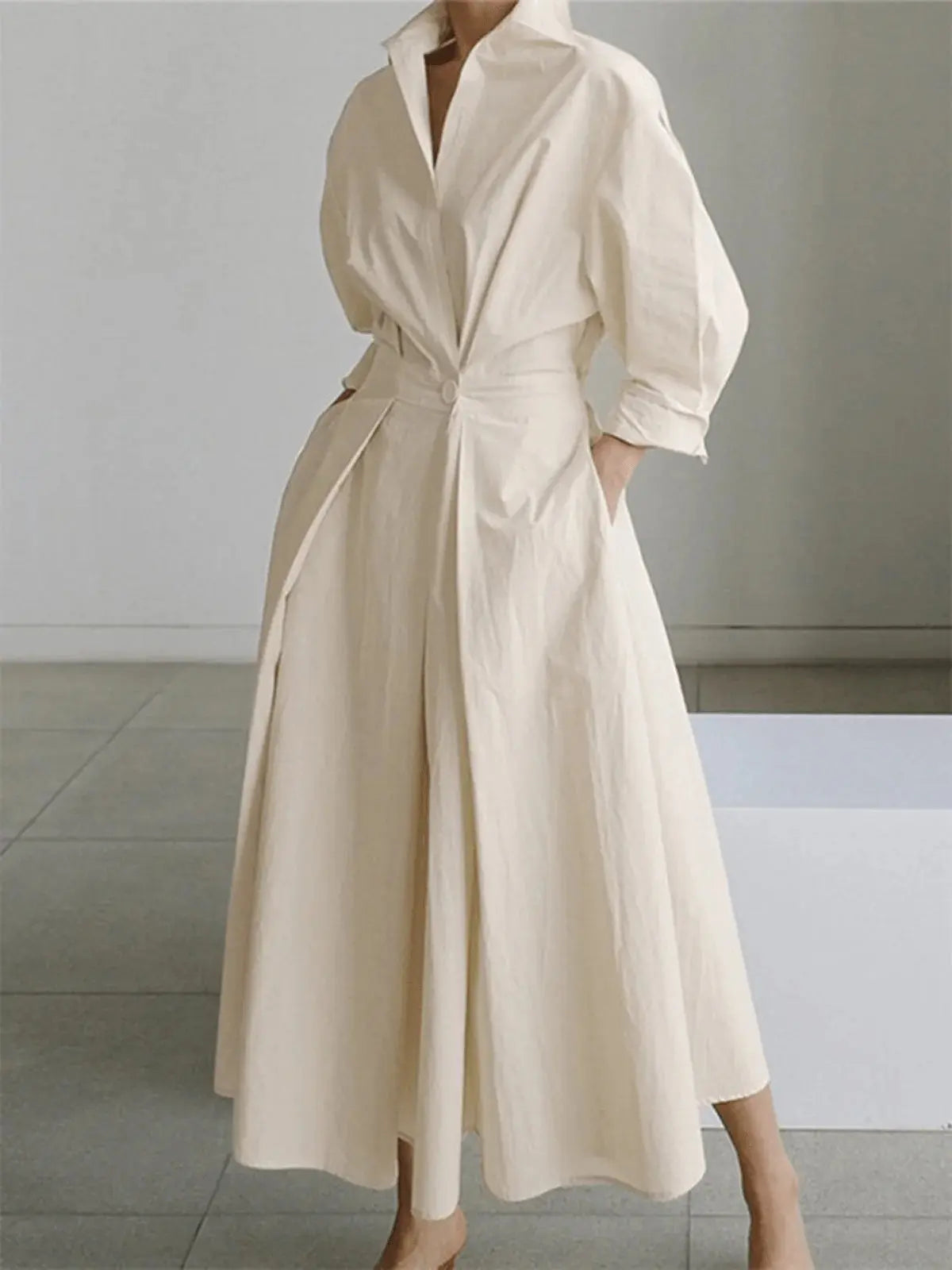 Long-sleeve Blouse Elastic Waist Swing Dress  Pre2brand Beige-5XL