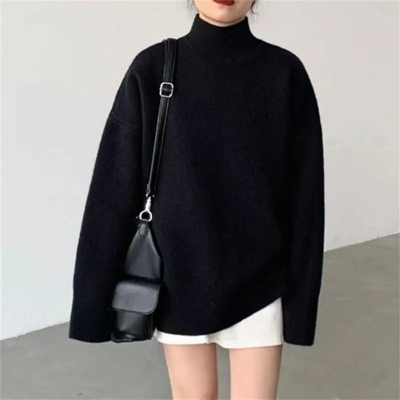 Loose Outer Wear Casual Mid-length Round Neck Cashmere Thickened Sweater  Pre2brand Black-L