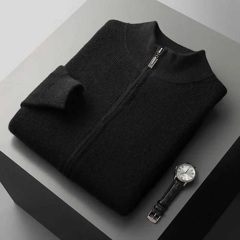 Men's Cardigan Half Turtleneck Zipper Wool Coat Sweater  Pre2brand Black-XXXL