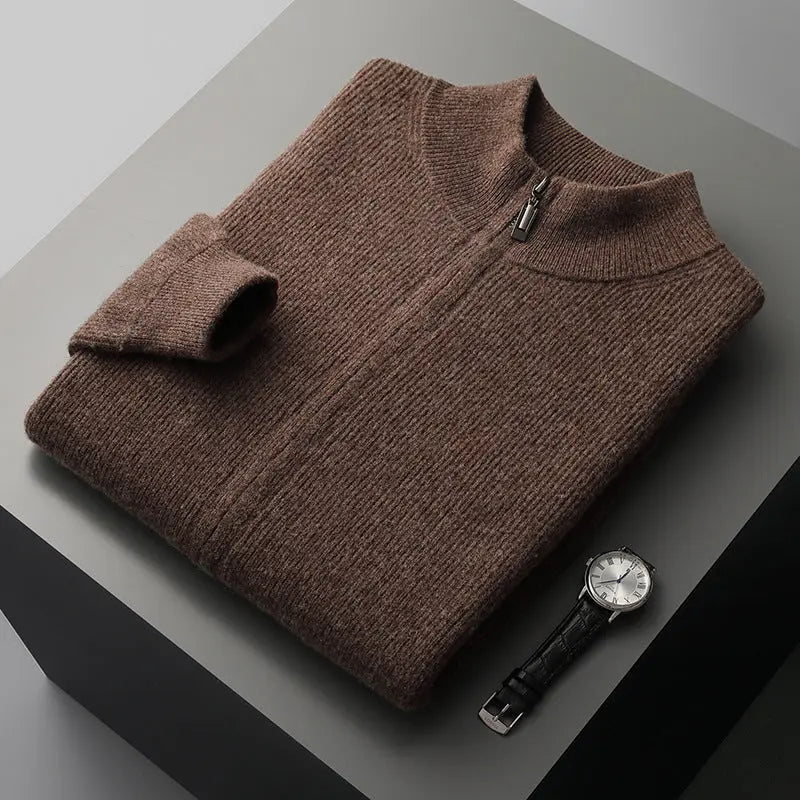 Men's Cardigan Half Turtleneck Zipper Wool Coat Sweater  Pre2brand Brown-XXXL