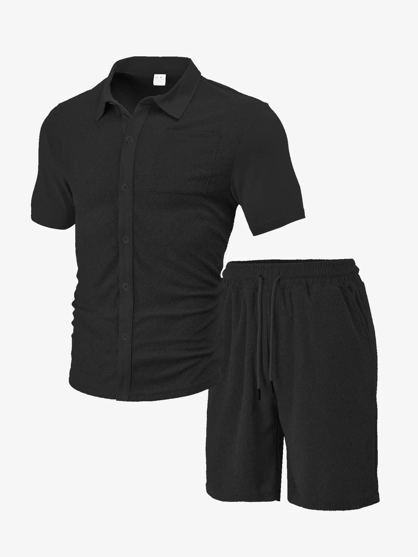 Men's Casual Button Solid Color Towel Figured Cloth Short Sleeve Suit  Pre2brand Black-3XL