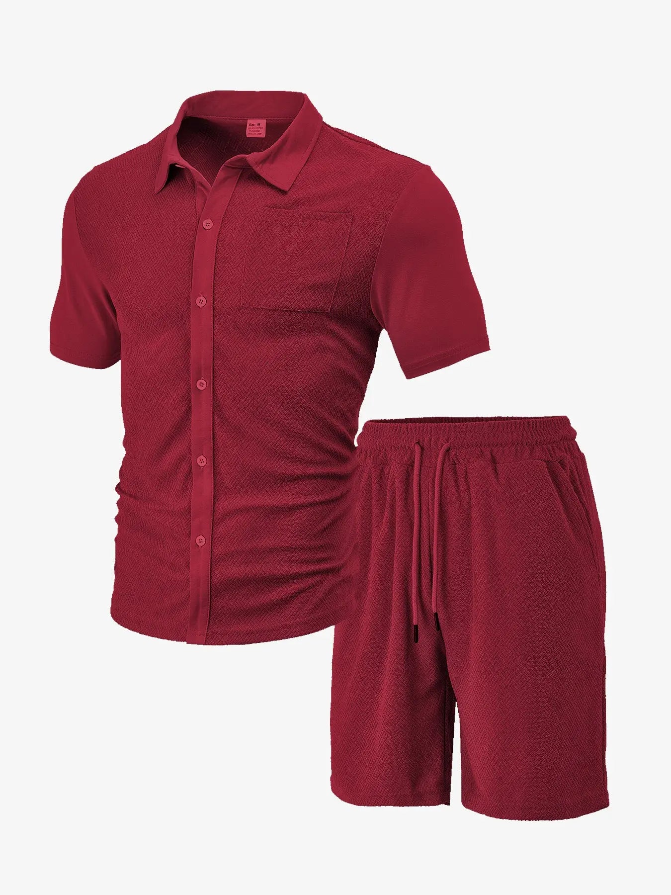 Men's Casual Button Solid Color Towel Figured Cloth Short Sleeve Suit  Pre2brand Wine-Red-3XL