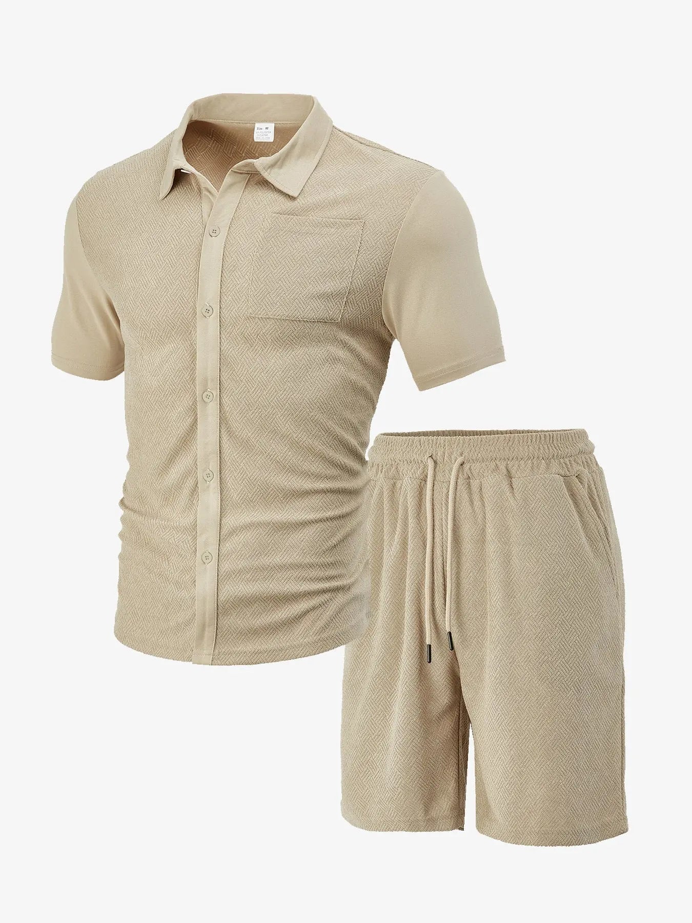 Men's Casual Button Solid Color Towel Figured Cloth Short Sleeve Suit  Pre2brand Khaki-3XL