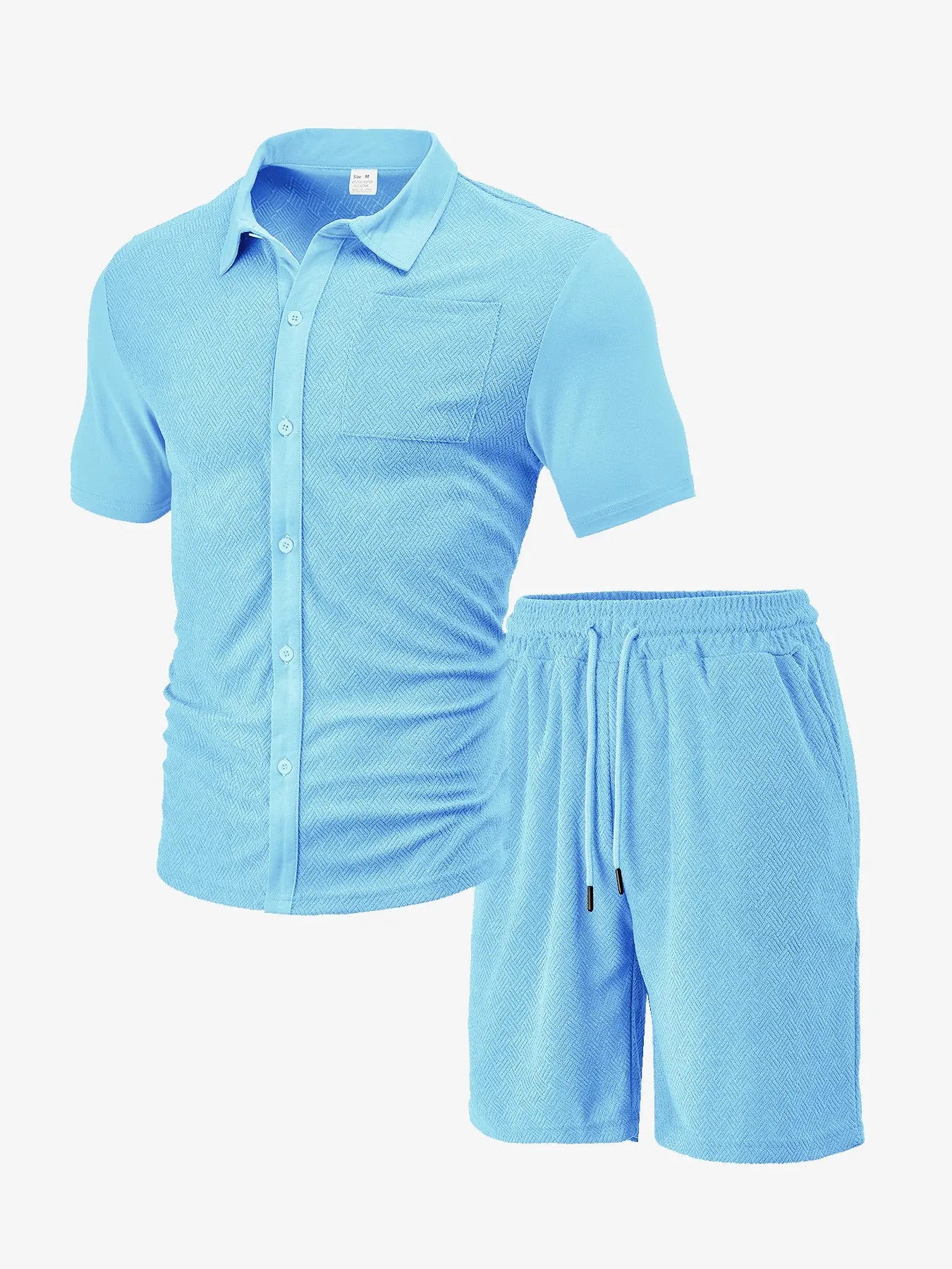 Men's Casual Button Solid Color Towel Figured Cloth Short Sleeve Suit  Pre2brand Light-Blue-3XL