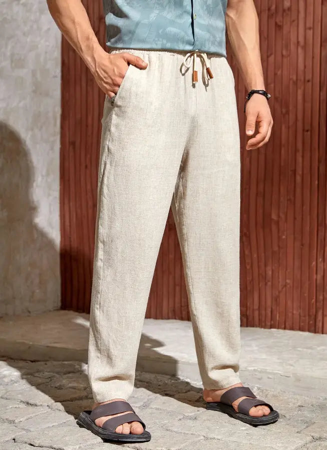 Men's Casual Cotton And Linen Drawstring Trousers Breathable Casual Versatile  Pre2brand Apricot-XXXXL