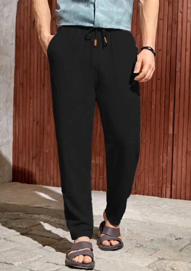 Men's Casual Cotton And Linen Drawstring Trousers Breathable Casual Versatile  Pre2brand Black-XXXXL