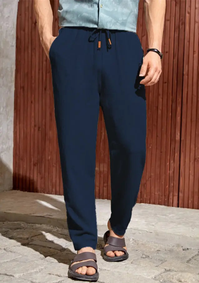 Men's Casual Cotton And Linen Drawstring Trousers Breathable Casual Versatile  Pre2brand Navy-Blue-XXXXL