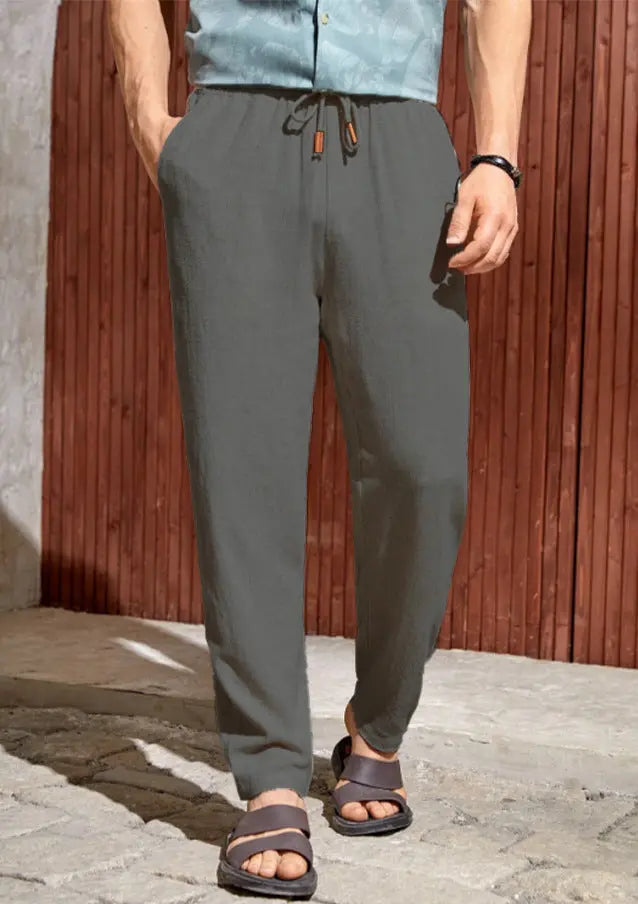 Men's Casual Cotton And Linen Drawstring Trousers Breathable Casual Versatile  Pre2brand Gray-Green-XXXXL