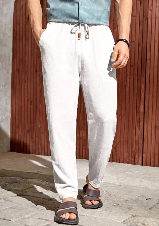 Men's Casual Cotton And Linen Drawstring Trousers Breathable Casual Versatile  Pre2brand White-XXXXL