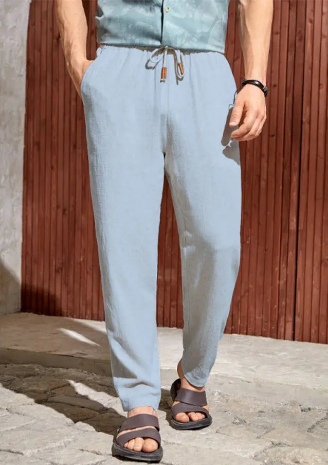 Men's Casual Cotton And Linen Drawstring Trousers Breathable Casual Versatile  Pre2brand Light-Blue-XXXXL