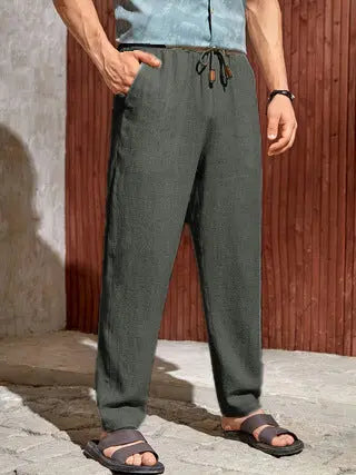 Men's Casual Cotton And Linen Drawstring Trousers Breathable Casual Versatile  Pre2brand Army-Green-XXXXL