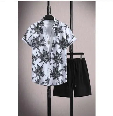 Men's Casual Ice Silk Micro-elastic Printed Short-sleeved Shirt Shorts Suit  Pre2brand