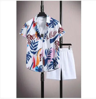 Men's Casual Ice Silk Micro-elastic Printed Short-sleeved Shirt Shorts Suit  Pre2brand