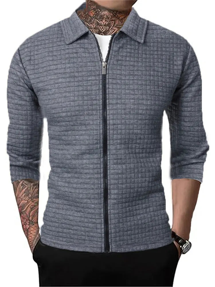 Men's Casual Long-sleeved Lapel Waffle Jacket Cardigan  Pre2brand Dark-Gray-3XL