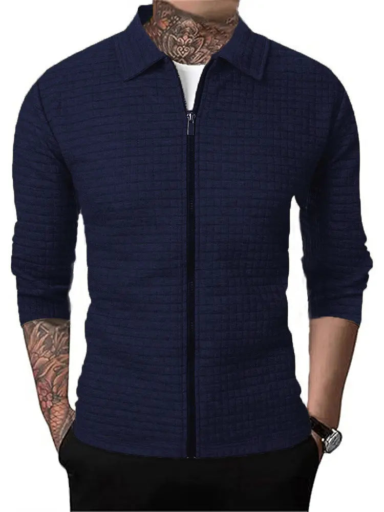 Men's Casual Long-sleeved Lapel Waffle Jacket Cardigan  Pre2brand Navy-Blue-3XL