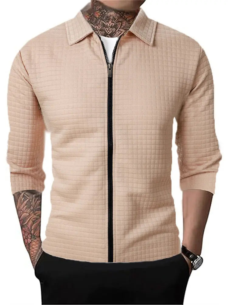 Men's Casual Long-sleeved Lapel Waffle Jacket Cardigan  Pre2brand Khaki-3XL