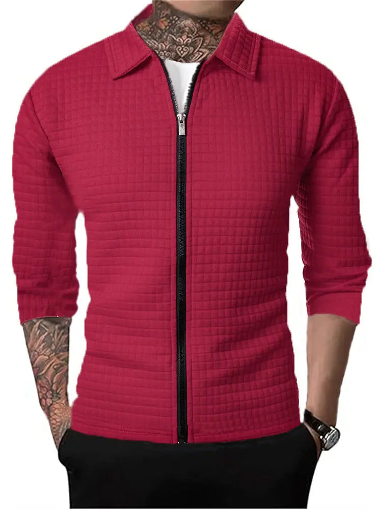 Men's Casual Long-sleeved Lapel Waffle Jacket Cardigan  Pre2brand Wine-Red-3XL