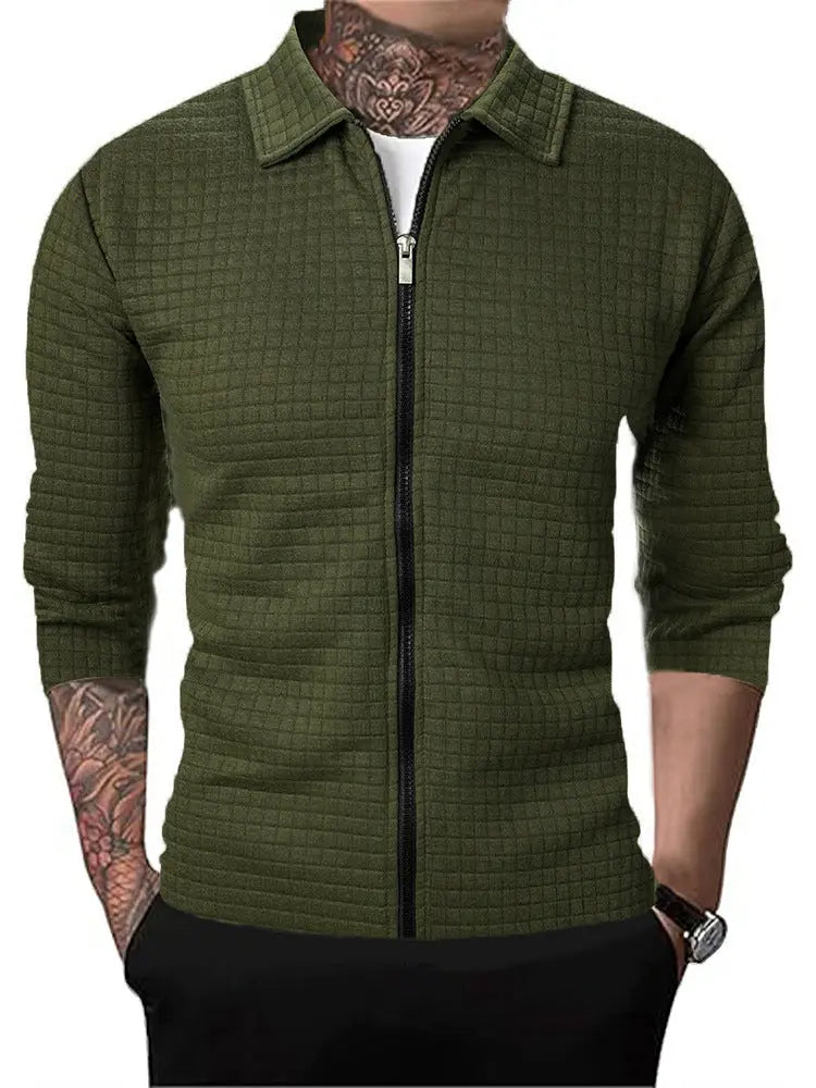 Men's Casual Long-sleeved Lapel Waffle Jacket Cardigan  Pre2brand Army-Green-3XL