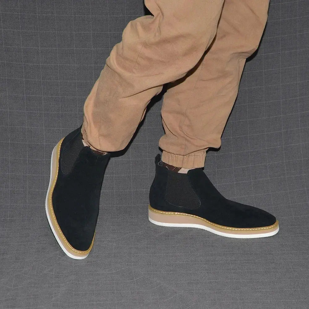 Men's Chelsea Ankle Boots Cow Suede Leather Classic British Style High Top Casual Sneaker Men Shoes Black Brown Motorcycle Boots - Pre2brand
