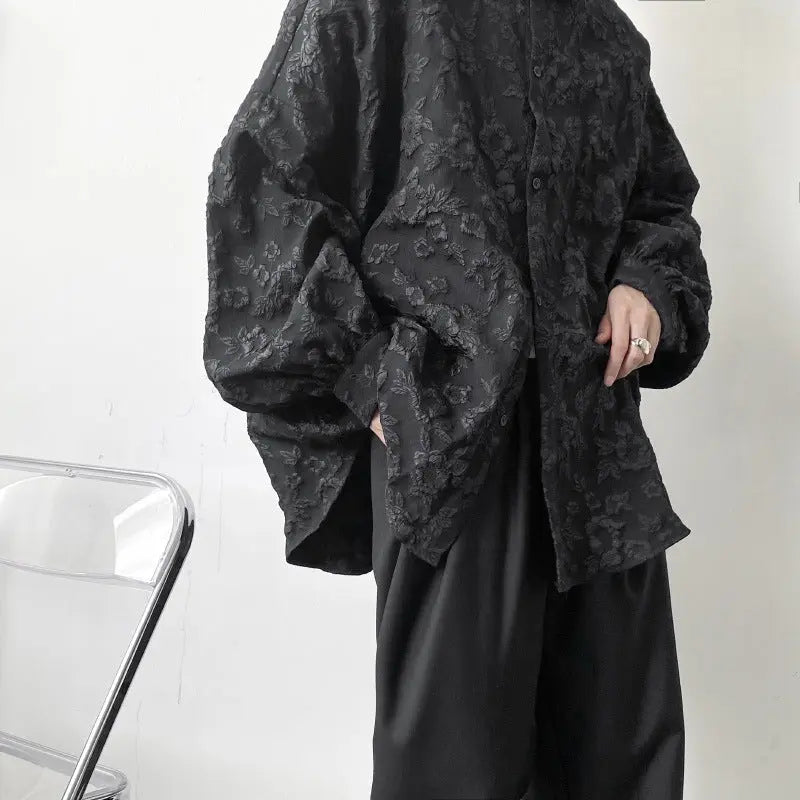 Men's Dark Jacquard Embossed Pleated Long Sleeve Shirt Coat  Pre2brand Black-2XL