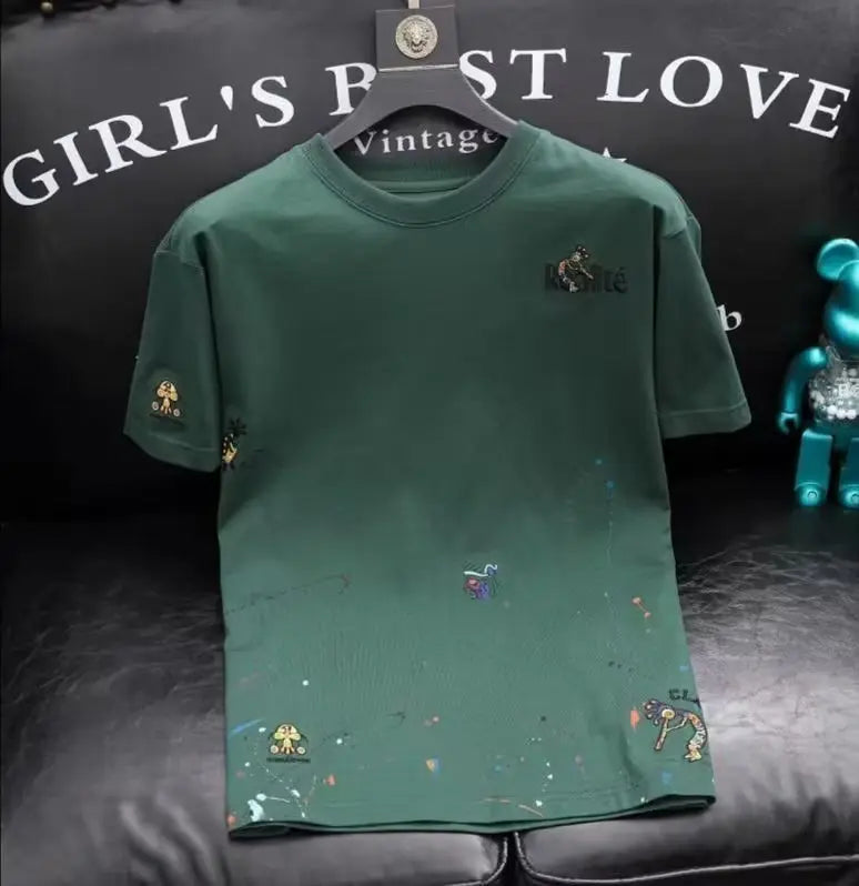 Men's Embroidery T-shirt Round Neck Fashion  Pre2brand Green-3XL