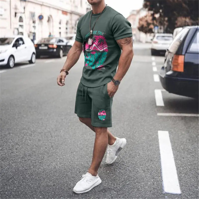 Men's European And American Short-sleeved Printed Casual T-shirt Suit Multi-color - Pre2brand