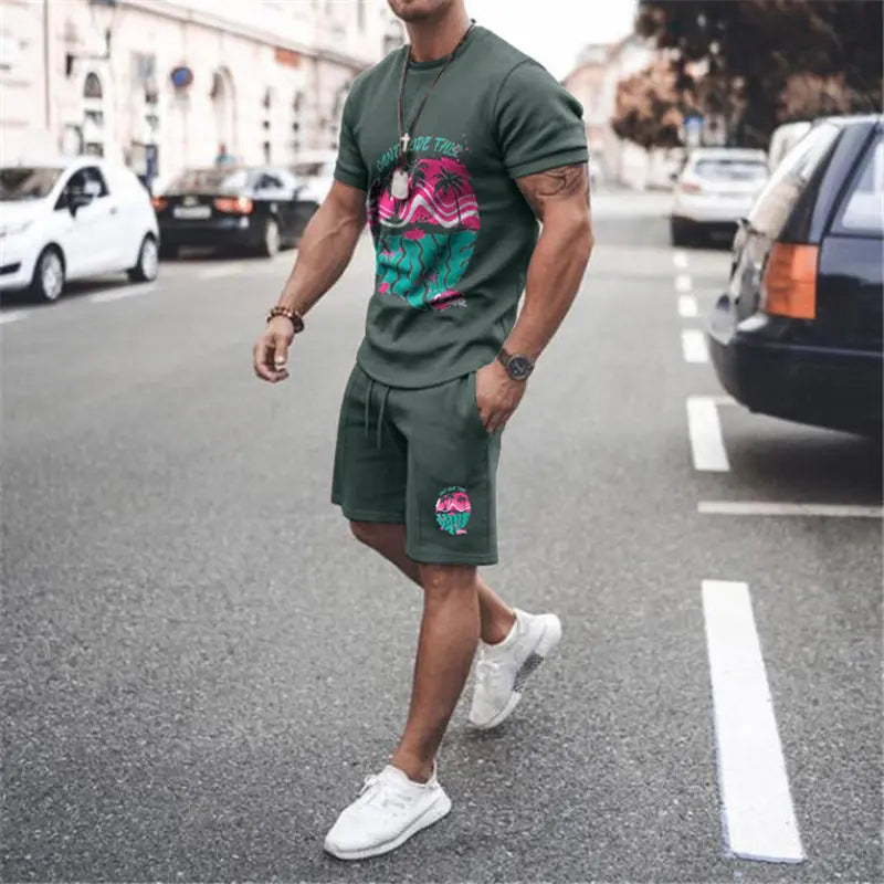 Men's European And American Short-sleeved Printed Casual T-shirt Suit Multi-color - Pre2brand