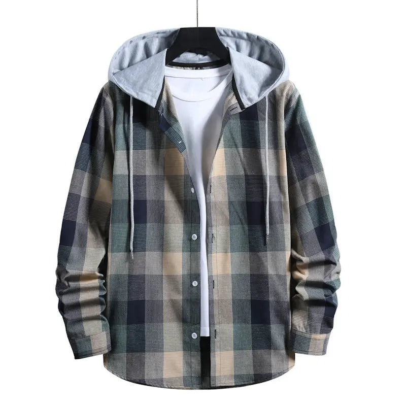 Men's Fashion Plaid Hooded Casual Shirt  Pre2brand Green-XXL