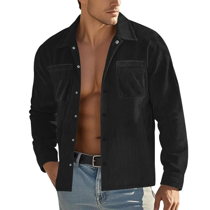 Men's Heavy Corduroy Shirt Long Sleeve Shirt  Pre2brand Black-XXXL