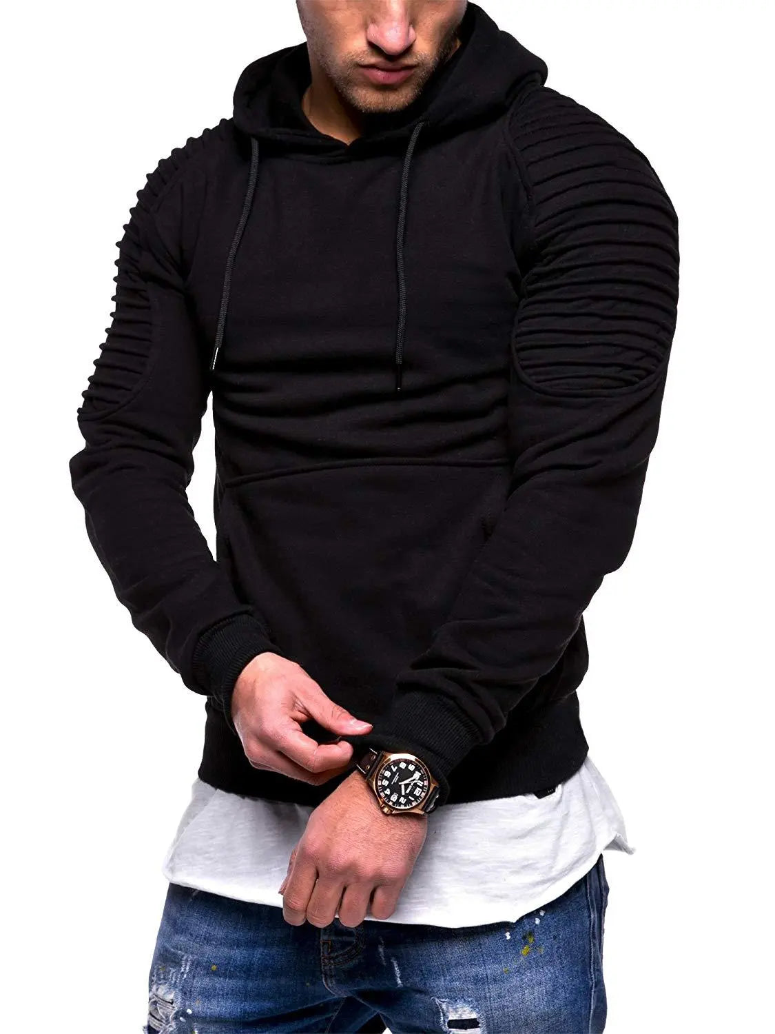 Men's Hoodie Striped Pleated Raglan Sleeve Hoodie  Pre2brand Black-XXXL