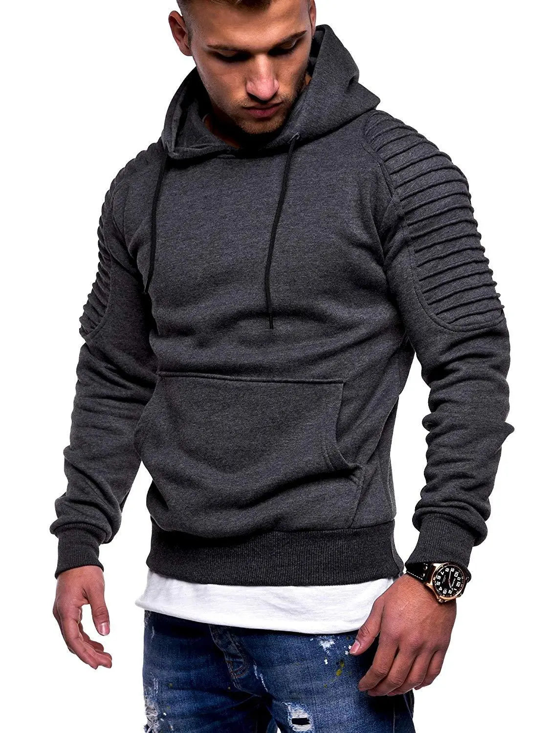 Men's Hoodie Striped Pleated Raglan Sleeve Hoodie  Pre2brand Dark-Gray-XXXL