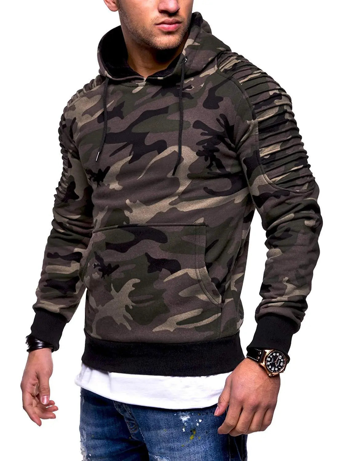 Men's Hoodie Striped Pleated Raglan Sleeve Hoodie  Pre2brand Camouflage-Green-XXXL