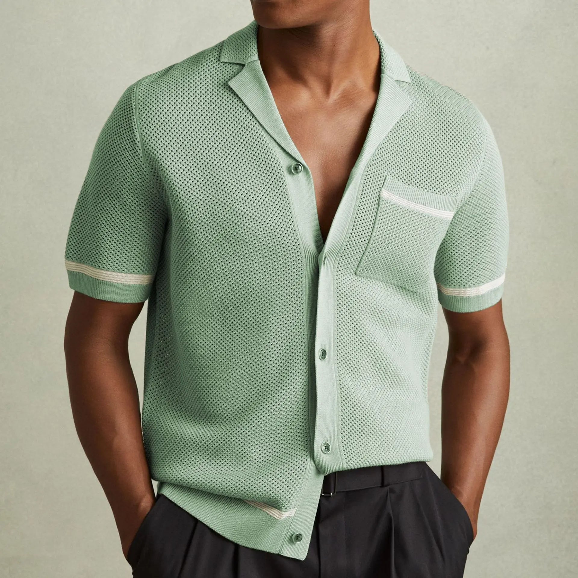 Men's Knitwear Summer Cuban Collar Short Sleeve Polo Shirt  Pre2brand Green-3XL