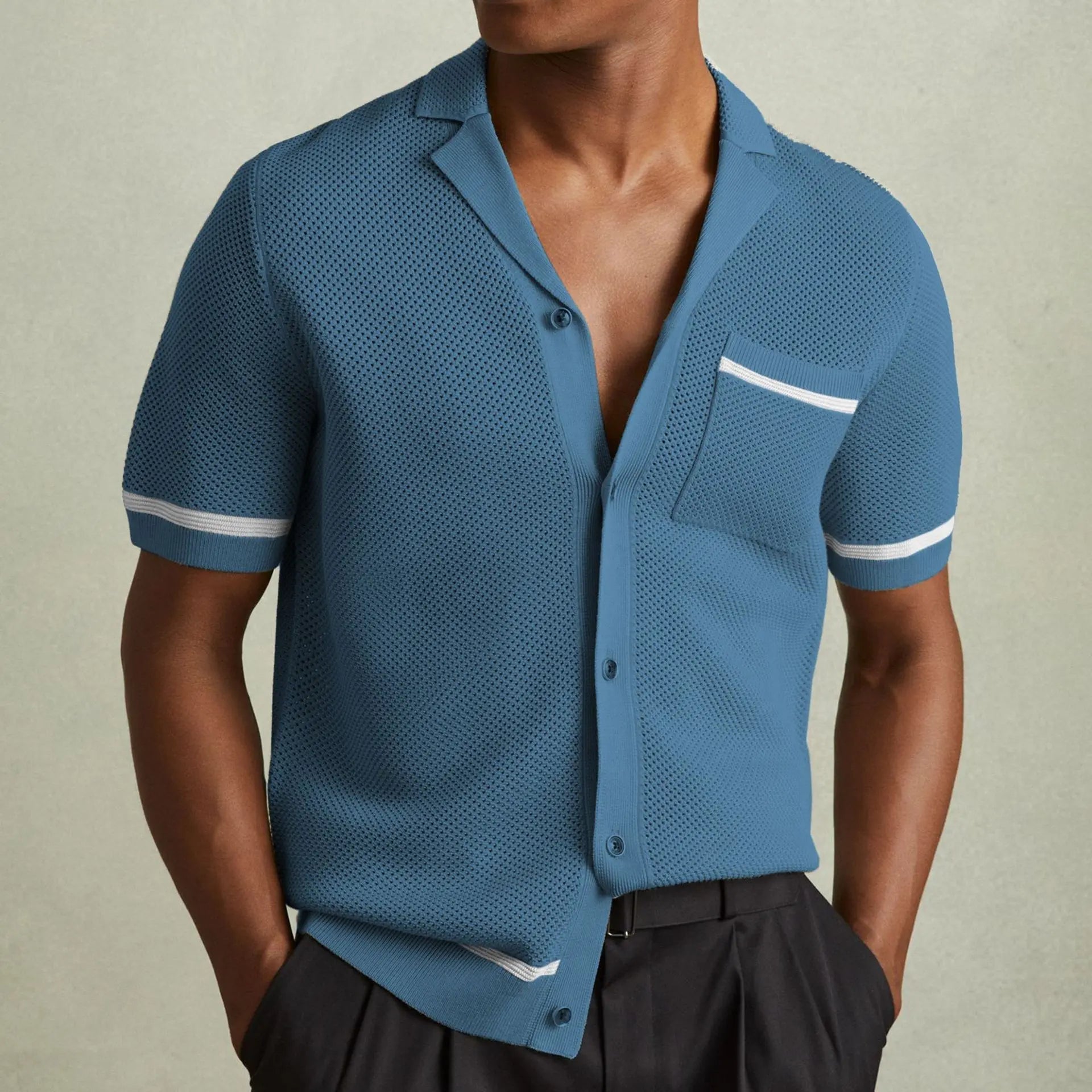 Men's Knitwear Summer Cuban Collar Short Sleeve Polo Shirt  Pre2brand Blue-3XL