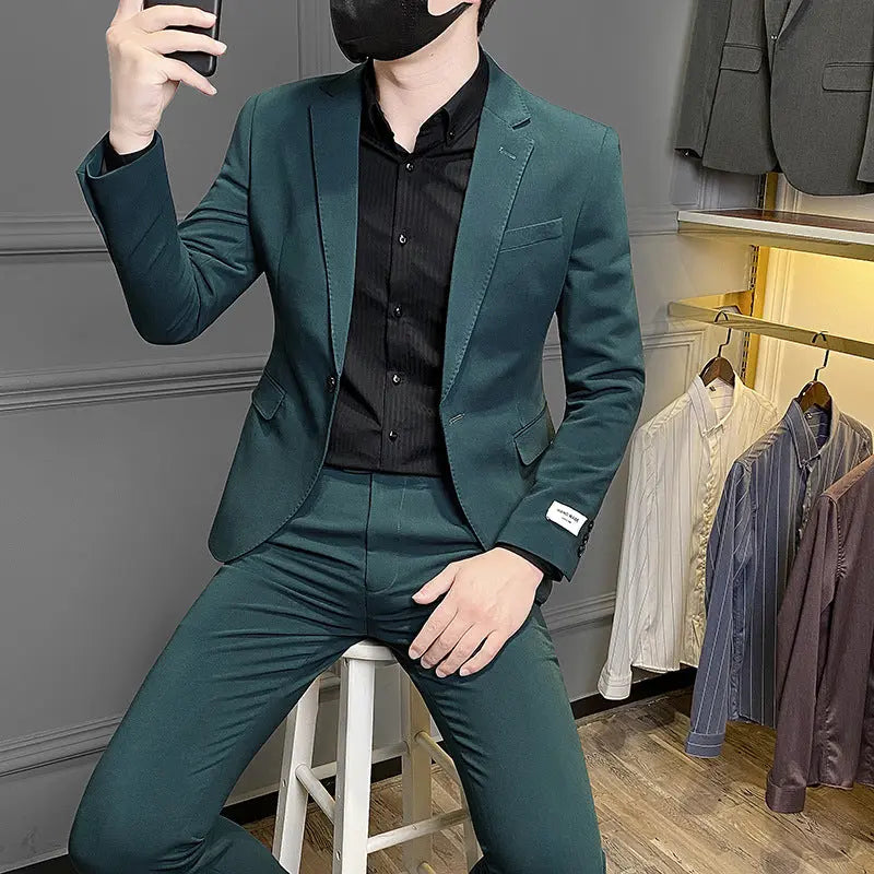 Men's Korean-style Slim Fit Business Suit Casual Suit  Pre2brand Dark-Green-Suit-Pants-3XL