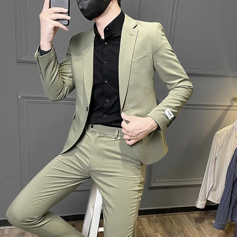 Men's Korean-style Slim Fit Business Suit Casual Suit  Pre2brand Army-Green-Suit-Pants-3XL