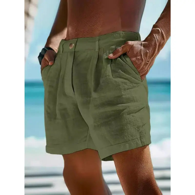 Men's Linen Shorts Button Pocket  Pre2brand Army-Green-3XL