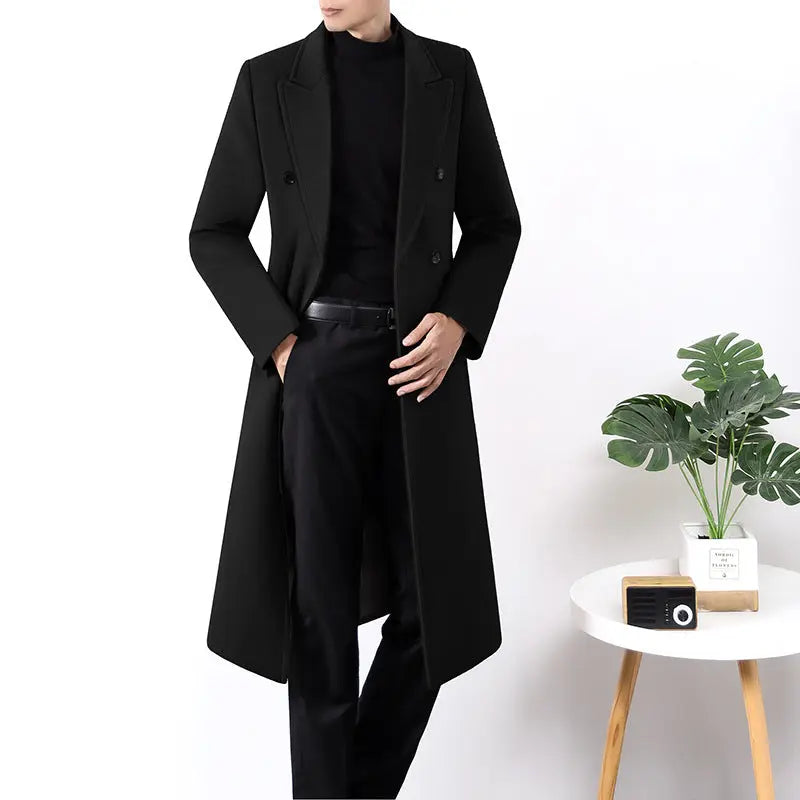Men's Long Double-sided High-end Windbreaker Wool Jacket  Pre2brand Black-XXXL