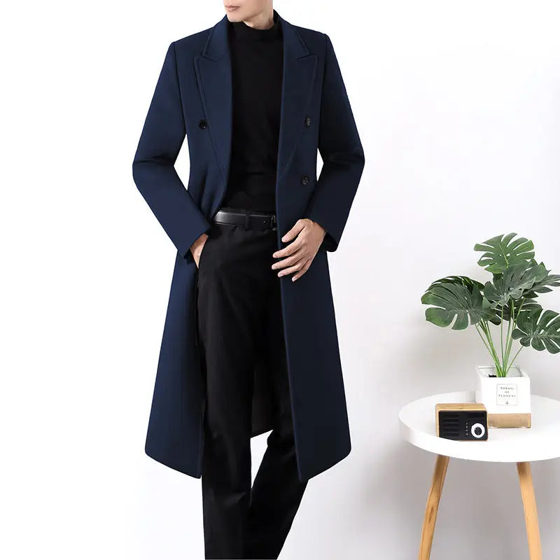 Men's Long Double-sided High-end Windbreaker Wool Jacket  Pre2brand Blue-XXXL
