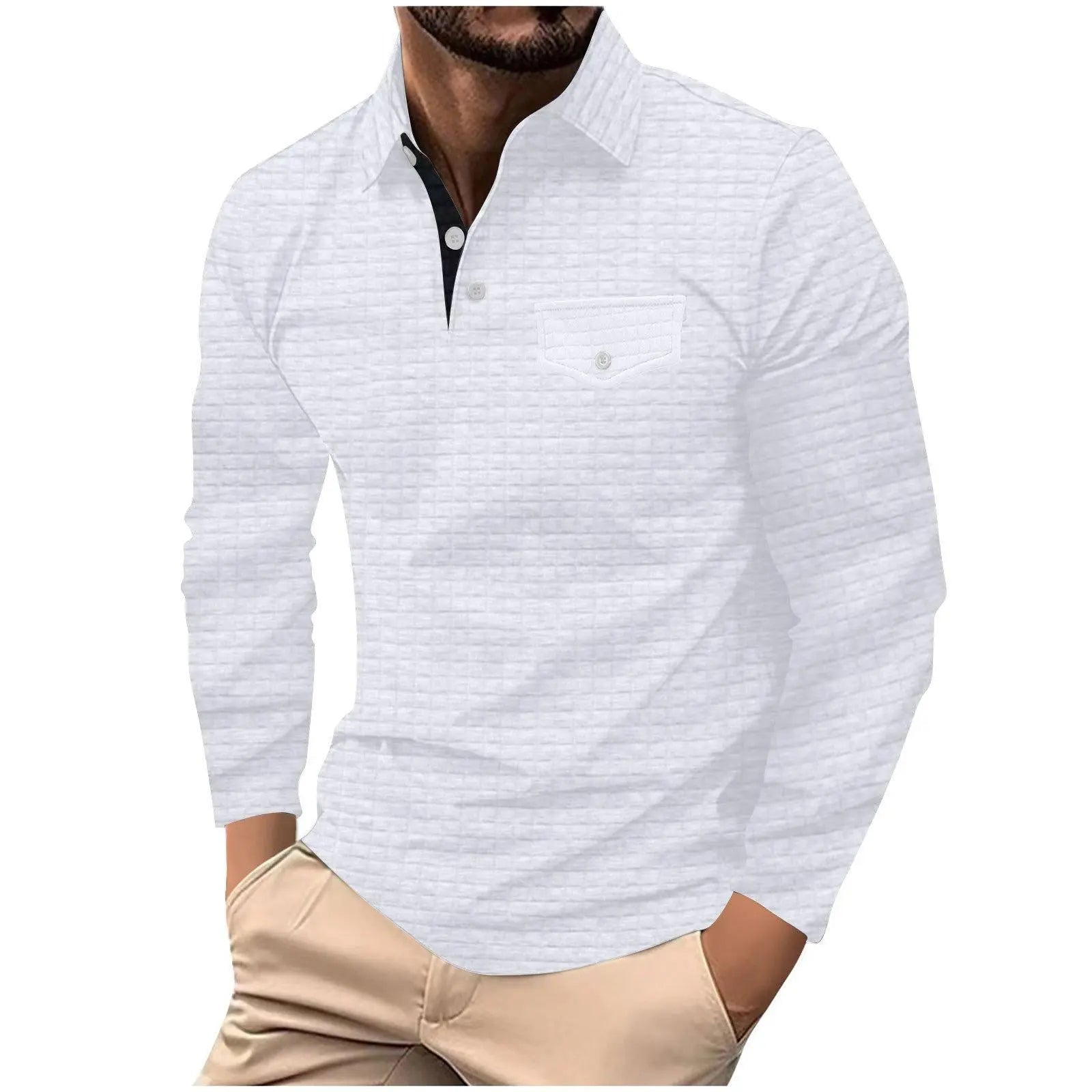 Men's Long Sleeve Plaid Polo Shirt  Pre2brand White-XXXL