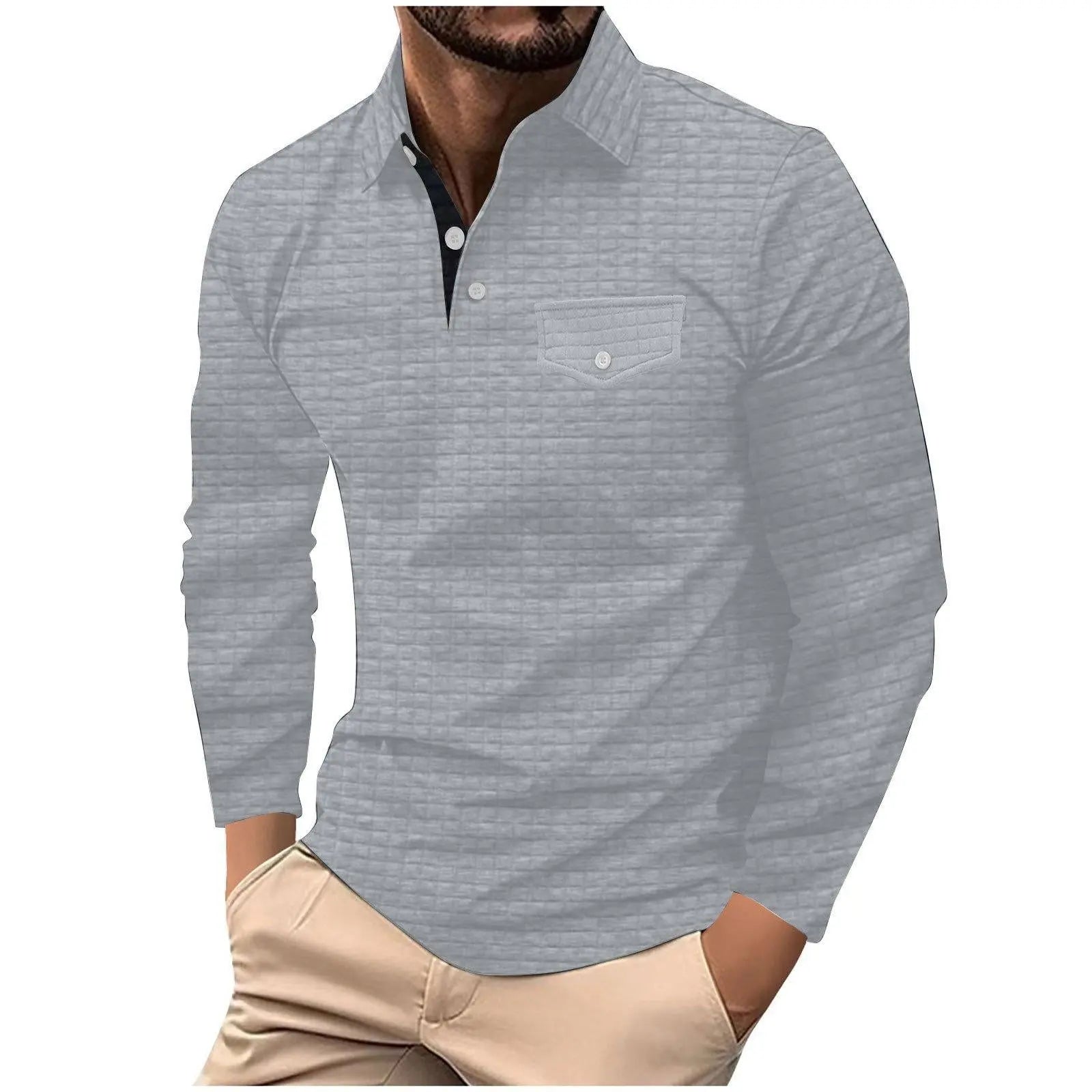 Men's Long Sleeve Plaid Polo Shirt  Pre2brand Light-Gray-XXXL