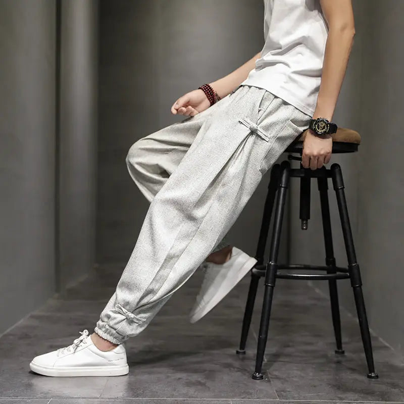 Men's Loose Oversized Frog Button Wide Leg Long Sleeve Slacks  Pre2brand Beige-5XL