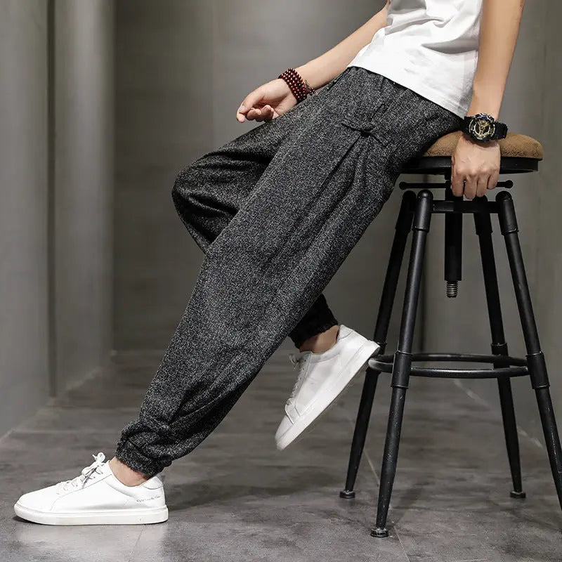 Men's Loose Oversized Frog Button Wide Leg Long Sleeve Slacks  Pre2brand Black-5XL