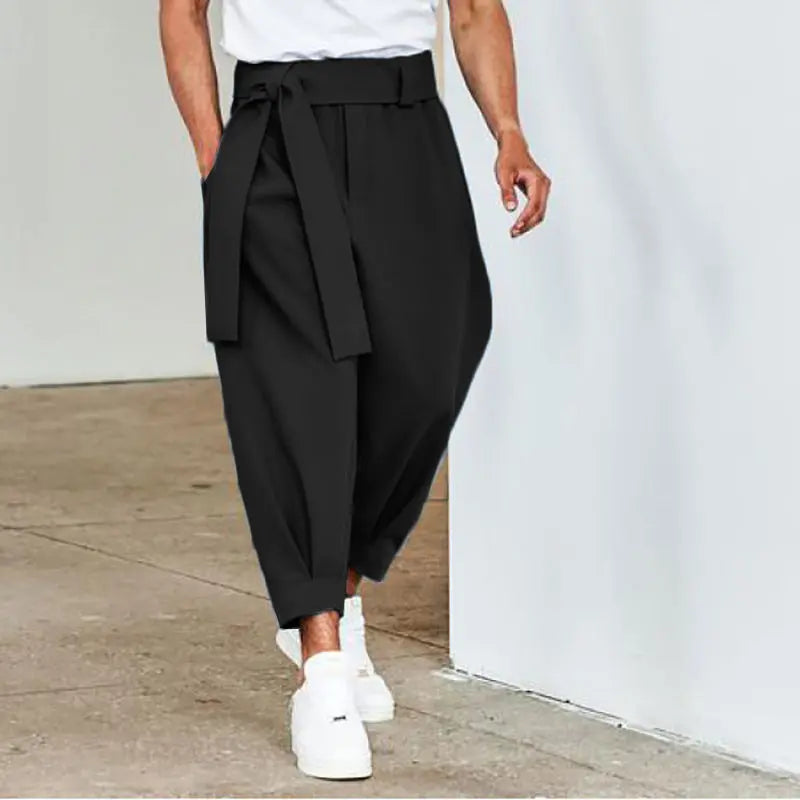 Men's Loose Solid Color Cropped Pants Belt  Pre2brand Black-3XL